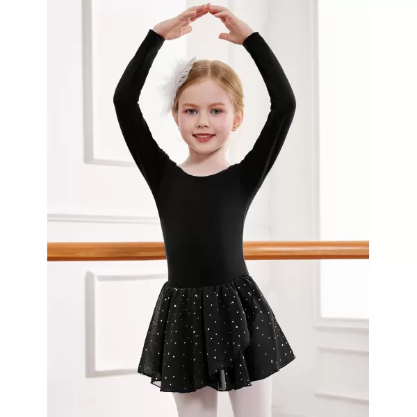 Zaclotre Girls Ballet Leotards Long Sleeve Shiny Skirted Crisscross Back Toddler Leotard Dresses Dance OutfitsBlack