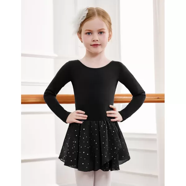 Zaclotre Girls Ballet Leotards Long Sleeve Shiny Skirted Crisscross Back Toddler Leotard Dresses Dance OutfitsBlack