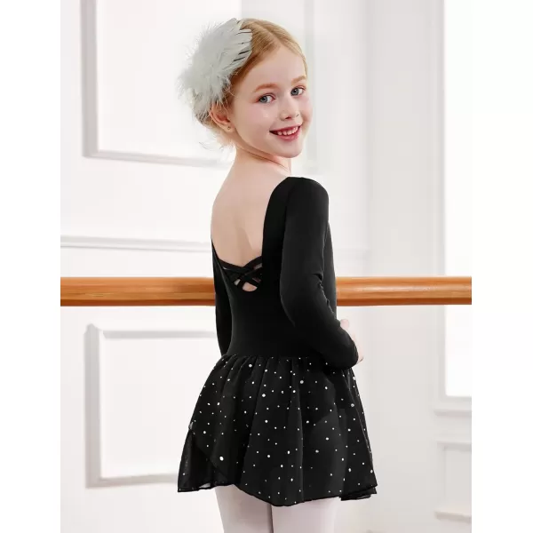 Zaclotre Girls Ballet Leotards Long Sleeve Shiny Skirted Crisscross Back Toddler Leotard Dresses Dance OutfitsBlack