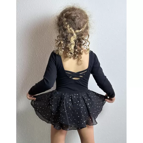 Zaclotre Girls Ballet Leotards Long Sleeve Shiny Skirted Crisscross Back Toddler Leotard Dresses Dance OutfitsBlack