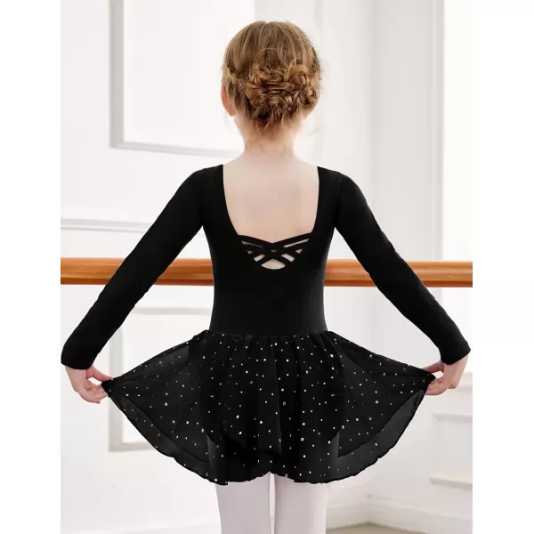 Zaclotre Girls Ballet Leotards Long Sleeve Shiny Skirted Crisscross Back Toddler Leotard Dresses Dance OutfitsBlack