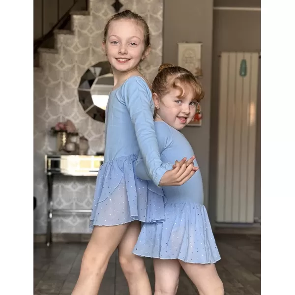 Zaclotre Girls Ballet Leotards Long Sleeve Shiny Skirted Crisscross Back Toddler Leotard Dresses Dance OutfitsBlue