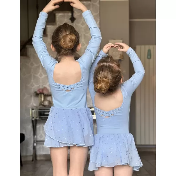 Zaclotre Girls Ballet Leotards Long Sleeve Shiny Skirted Crisscross Back Toddler Leotard Dresses Dance OutfitsBlue