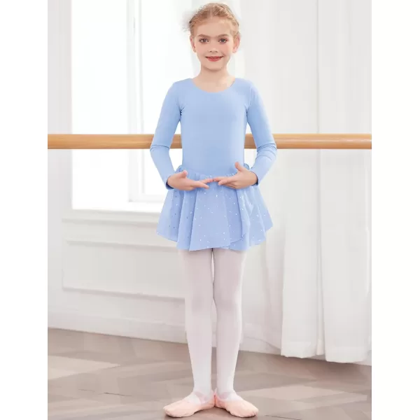 Zaclotre Girls Ballet Leotards Long Sleeve Shiny Skirted Crisscross Back Toddler Leotard Dresses Dance OutfitsBlue
