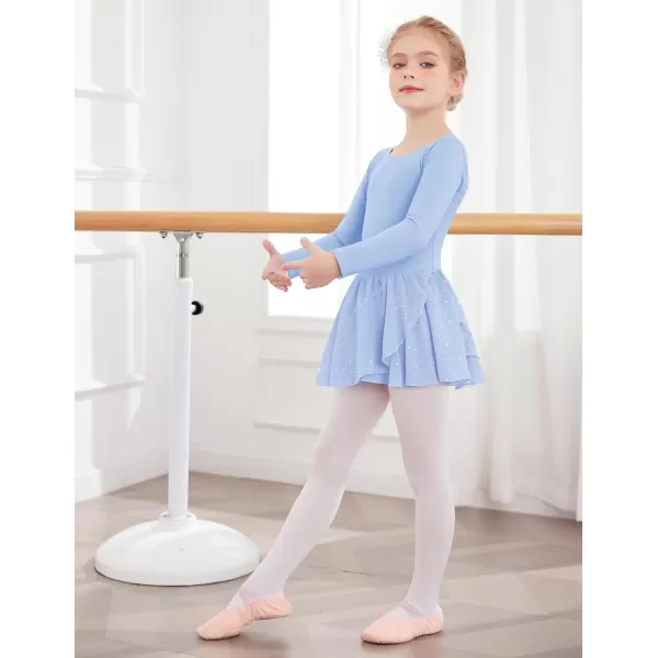 Zaclotre Girls Ballet Leotards Long Sleeve Shiny Skirted Crisscross Back Toddler Leotard Dresses Dance OutfitsBlue
