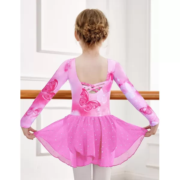 Zaclotre Girls Ballet Leotards Long Sleeve Shiny Skirted Crisscross Back Toddler Leotard Dresses Dance OutfitsButterfly Pink