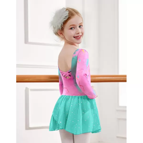 Zaclotre Girls Ballet Leotards Long Sleeve Shiny Skirted Crisscross Back Toddler Leotard Dresses Dance OutfitsMint Crack Aqua