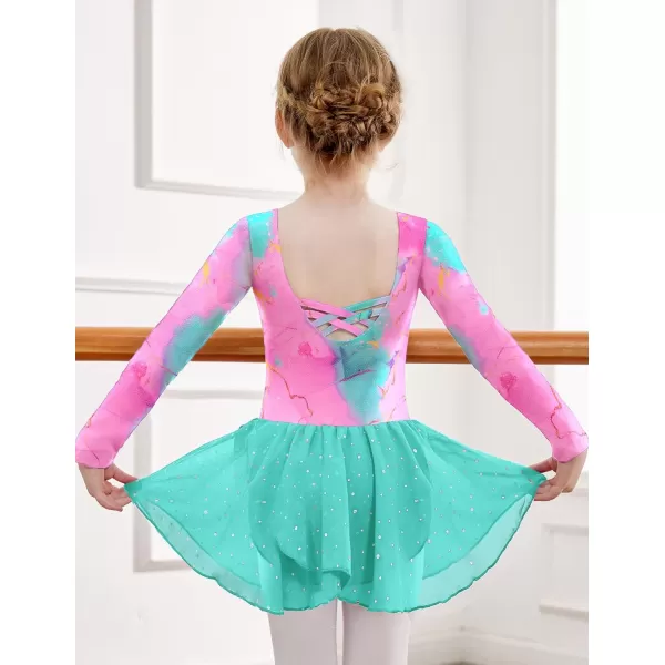Zaclotre Girls Ballet Leotards Long Sleeve Shiny Skirted Crisscross Back Toddler Leotard Dresses Dance OutfitsMint Crack Aqua