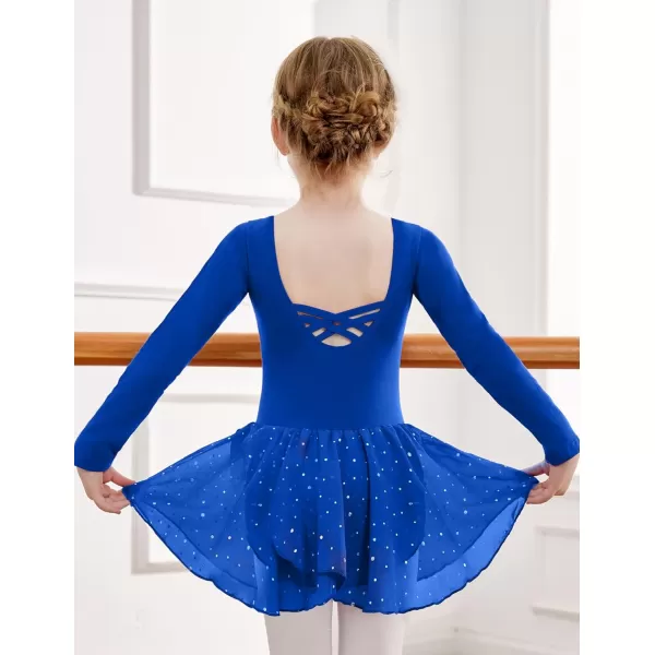 Zaclotre Girls Ballet Leotards Long Sleeve Shiny Skirted Crisscross Back Toddler Leotard Dresses Dance OutfitsRoyal Blue