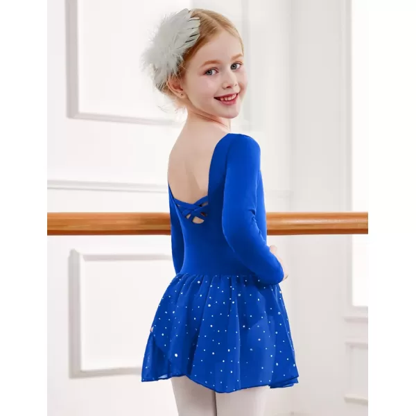 Zaclotre Girls Ballet Leotards Long Sleeve Shiny Skirted Crisscross Back Toddler Leotard Dresses Dance OutfitsRoyal Blue