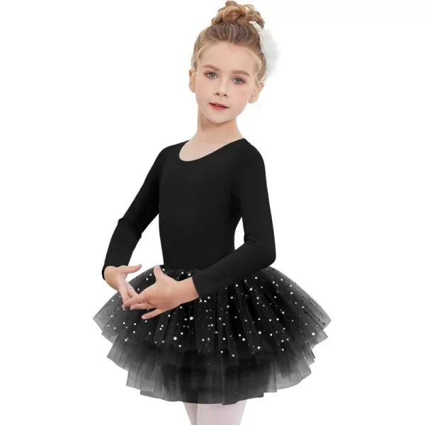 Zaclotre Girls Ballet Leotards 4Layers Tiered Long Sleeve Dance Tutu Dresses Party Costumes for BallerinaBlack