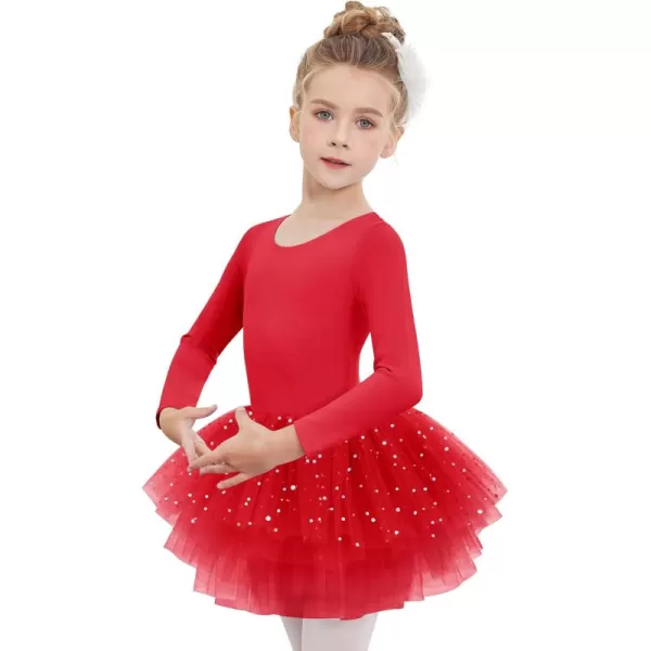 Zaclotre Girls Ballet Leotards 4Layers Tiered Long Sleeve Dance Tutu Dresses Party Costumes for BallerinaRed