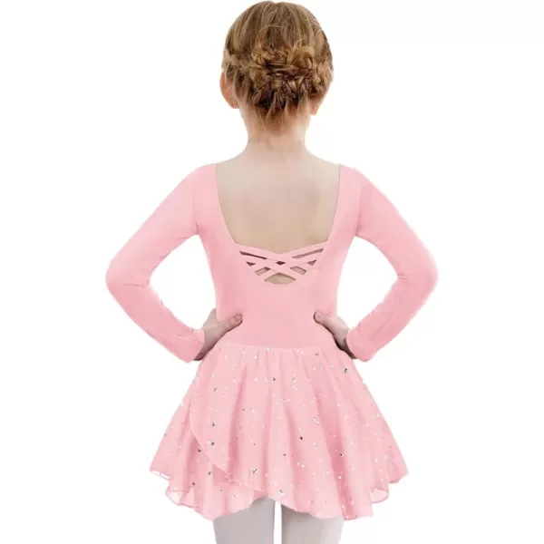 Zaclotre Girls Ballet Leotards Long Sleeve Shiny Skirted Crisscross Back Toddler Leotard Dresses Dance OutfitsBallet Pink