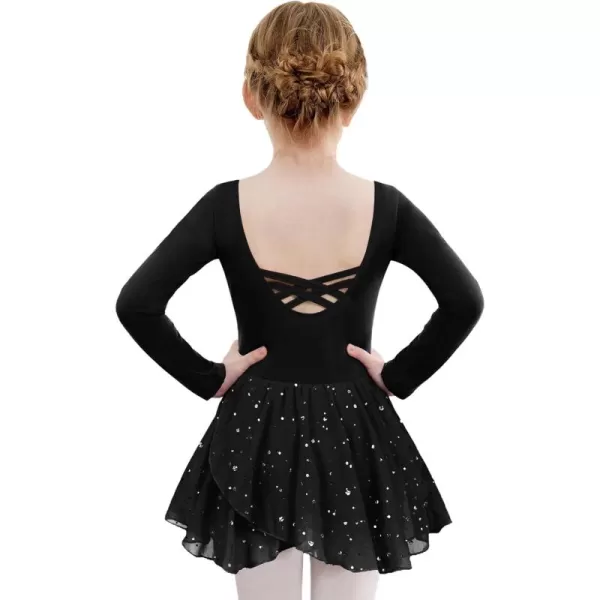 Zaclotre Girls Ballet Leotards Long Sleeve Shiny Skirted Crisscross Back Toddler Leotard Dresses Dance OutfitsBlack