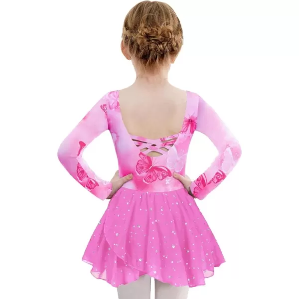 Zaclotre Girls Ballet Leotards Long Sleeve Shiny Skirted Crisscross Back Toddler Leotard Dresses Dance OutfitsButterfly Pink