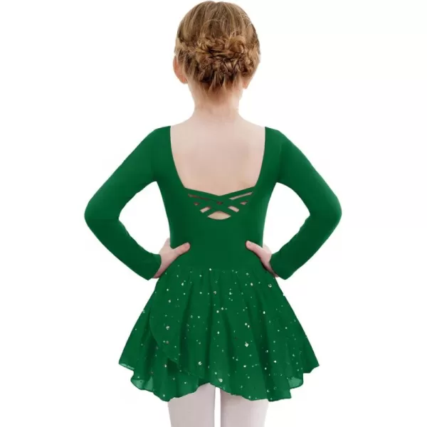 Zaclotre Girls Ballet Leotards Long Sleeve Shiny Skirted Crisscross Back Toddler Leotard Dresses Dance OutfitsDark Green