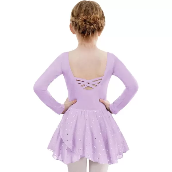 Zaclotre Girls Ballet Leotards Long Sleeve Shiny Skirted Crisscross Back Toddler Leotard Dresses Dance OutfitsLilac