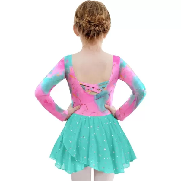 Zaclotre Girls Ballet Leotards Long Sleeve Shiny Skirted Crisscross Back Toddler Leotard Dresses Dance OutfitsMint Crack Aqua