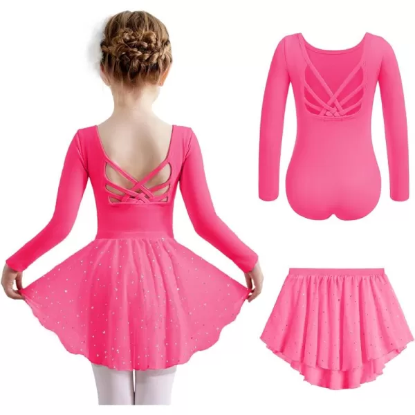 Zaclotre Tutu Skirted Leotard for Girls CrissCross Back Long Sleeve Ballet Dress with Removable Shiny Skirt Combo 45T Hot Pink