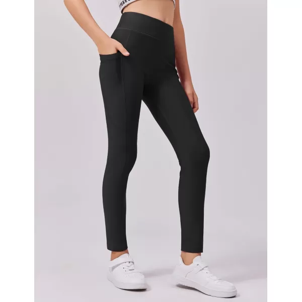 Zaclotre Girls Fleece Lined Leggings Warm Winter Running Tights for Kids High Waist Athletic Yoga Pants with PocketsBlack