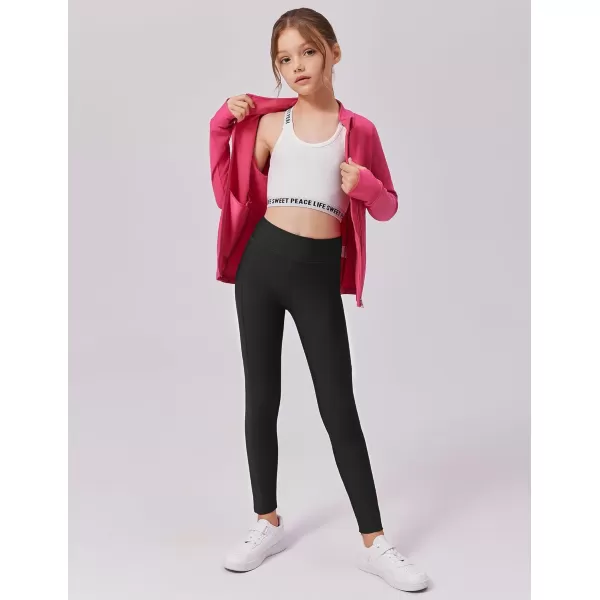 Zaclotre Girls Fleece Lined Leggings Warm Winter Running Tights for Kids High Waist Athletic Yoga Pants with PocketsBlack