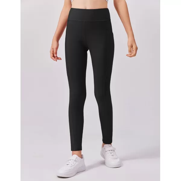 Zaclotre Girls Fleece Lined Leggings Warm Winter Running Tights for Kids High Waist Athletic Yoga Pants with PocketsBlack