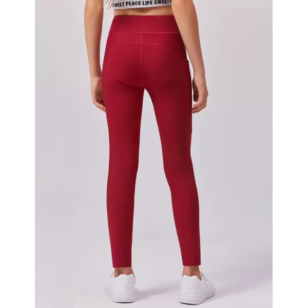 Zaclotre Girls Fleece Lined Leggings Warm Winter Running Tights for Kids High Waist Athletic Yoga Pants with PocketsDark Red