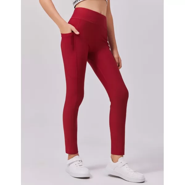 Zaclotre Girls Fleece Lined Leggings Warm Winter Running Tights for Kids High Waist Athletic Yoga Pants with PocketsDark Red