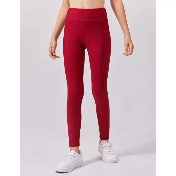 Zaclotre Girls Fleece Lined Leggings Warm Winter Running Tights for Kids High Waist Athletic Yoga Pants with PocketsDark Red