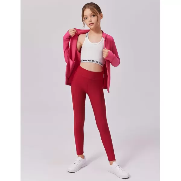 Zaclotre Girls Fleece Lined Leggings Warm Winter Running Tights for Kids High Waist Athletic Yoga Pants with PocketsDark Red