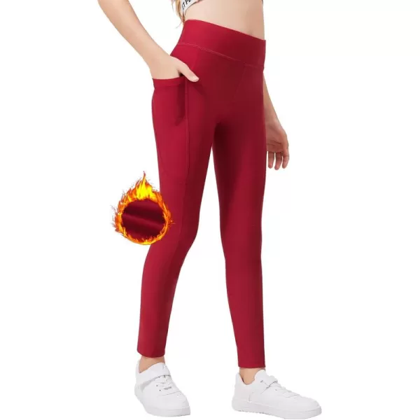 Zaclotre Girls Fleece Lined Leggings Warm Winter Running Tights for Kids High Waist Athletic Yoga Pants with PocketsDark Red