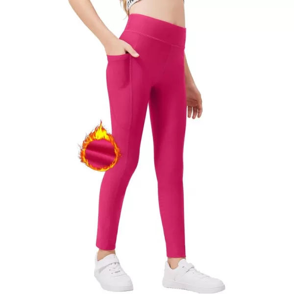 Zaclotre Girls Fleece Lined Leggings Warm Winter Running Tights for Kids High Waist Athletic Yoga Pants with PocketsHot Pink