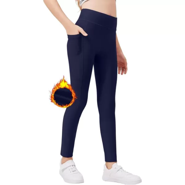 Zaclotre Girls Fleece Lined Leggings Warm Winter Running Tights for Kids High Waist Athletic Yoga Pants with PocketsNavy Blue