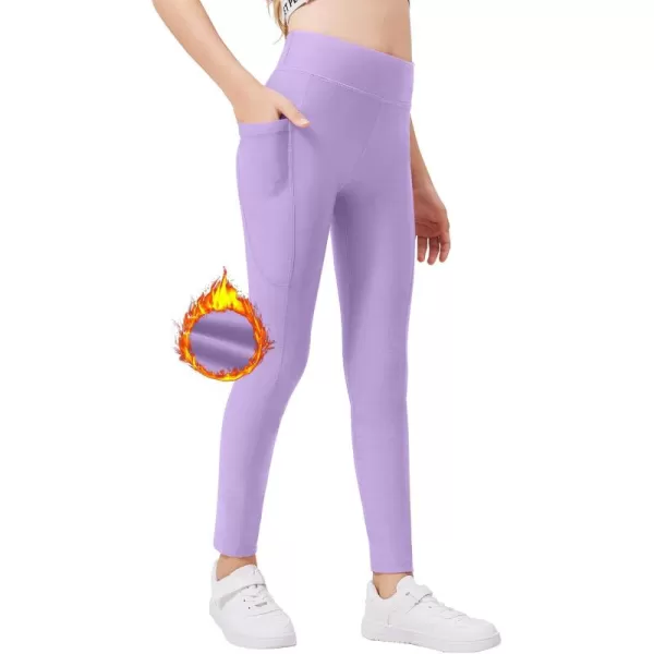 Zaclotre Girls Fleece Lined Leggings Warm Winter Running Tights for Kids High Waist Athletic Yoga Pants with PocketsPurple