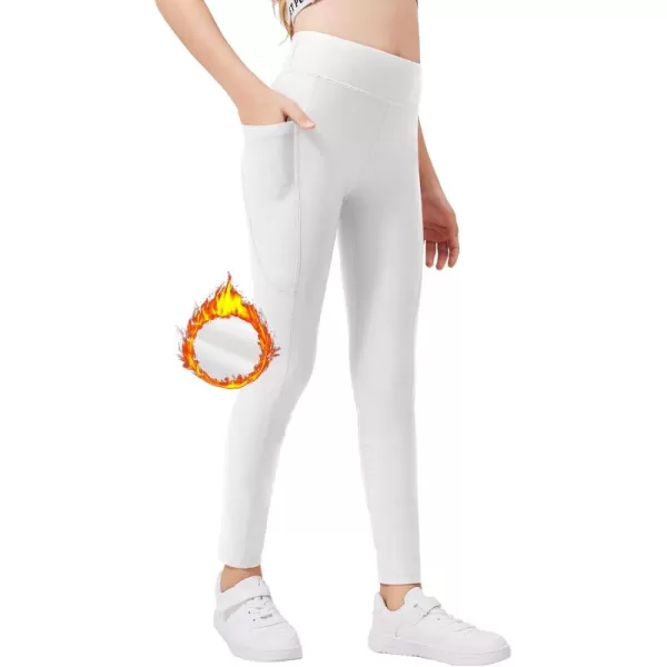Zaclotre Girls Fleece Lined Leggings Warm Winter Running Tights for Kids High Waist Athletic Yoga Pants with PocketsWhite