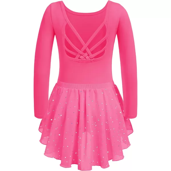 Zaclotre Ballet Leotards for Girls Long Sleeve Crisscross Back Dance Outfit with Removable Shiny Skirt Leotard ComboHot Pink