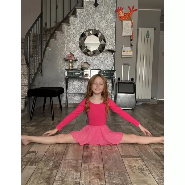 Zaclotre Ballet Leotards for Girls Long Sleeve Crisscross Back Dance Outfit with Removable Shiny Skirt Leotard ComboHot Pink