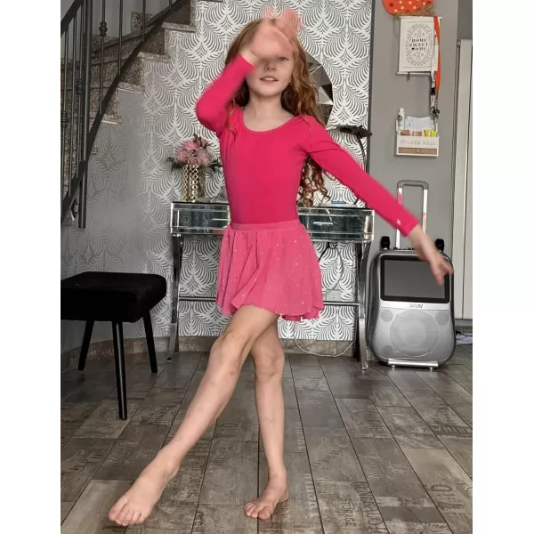 Zaclotre Ballet Leotards for Girls Long Sleeve Crisscross Back Dance Outfit with Removable Shiny Skirt Leotard ComboHot Pink