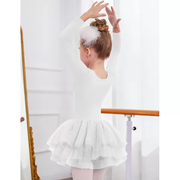 Zaclotre Girls Ballet Leotards 4Layers Tiered Long Sleeve Dance Tutu Dresses Party Costumes for BallerinaWhite