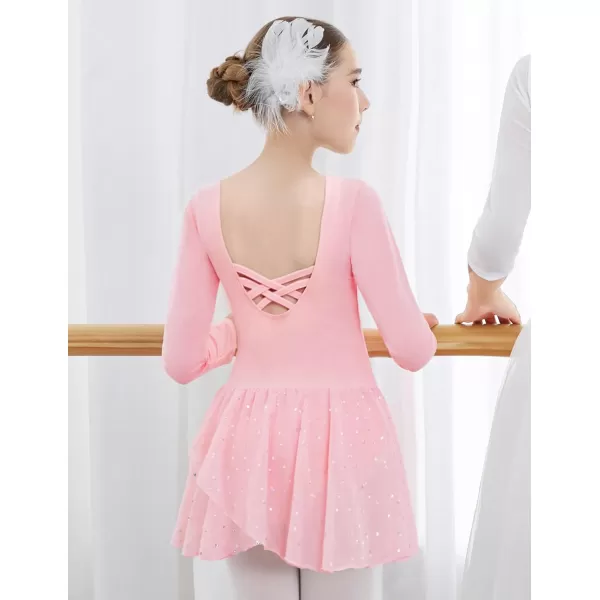 Zaclotre Girls Ballet Leotards Long Sleeve Shiny Skirted Crisscross Back Toddler Leotard Dresses Dance OutfitsBallet Pink