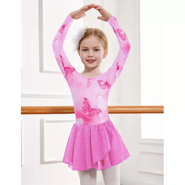 Zaclotre Girls Ballet Leotards Long Sleeve Shiny Skirted Crisscross Back Toddler Leotard Dresses Dance OutfitsButterfly Pink