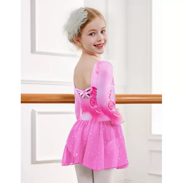 Zaclotre Girls Ballet Leotards Long Sleeve Shiny Skirted Crisscross Back Toddler Leotard Dresses Dance OutfitsButterfly Pink