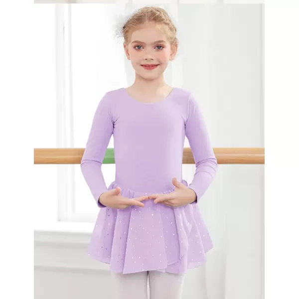 Zaclotre Girls Ballet Leotards Long Sleeve Shiny Skirted Crisscross Back Toddler Leotard Dresses Dance OutfitsLilac