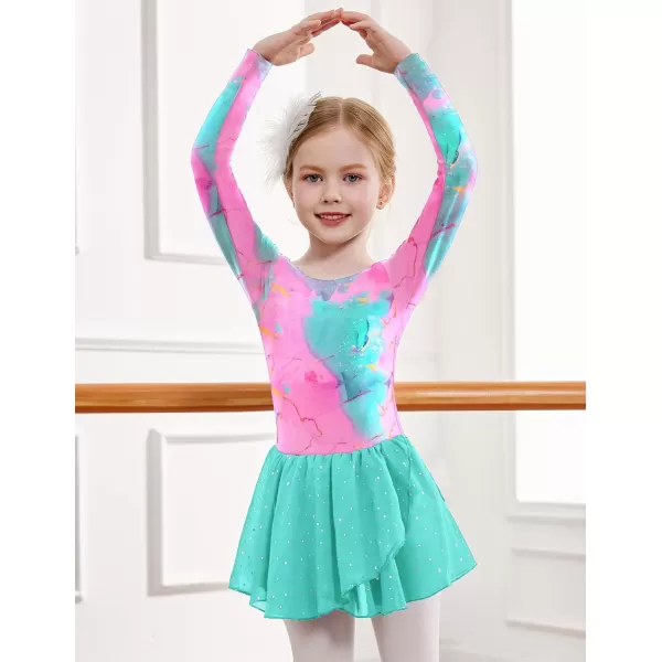 Zaclotre Girls Ballet Leotards Long Sleeve Shiny Skirted Crisscross Back Toddler Leotard Dresses Dance OutfitsMint Crack Aqua