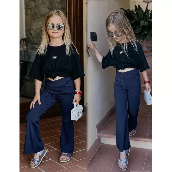 Zaclotre Girls Flare Leggings High Waisted V Crossover Casual Yoga Bell Bottoms with Pockets Pants for KidNavy Blue