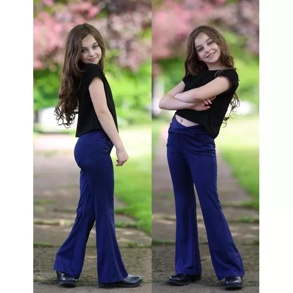 Zaclotre Girls Flare Leggings High Waisted V Crossover Casual Yoga Bell Bottoms with Pockets Pants for KidNavy Blue