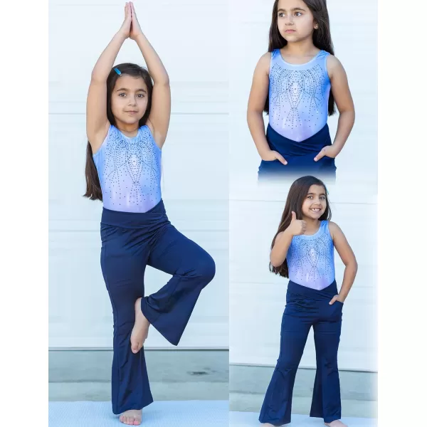Zaclotre Girls Flare Leggings High Waisted V Crossover Casual Yoga Bell Bottoms with Pockets Pants for KidNavy Blue