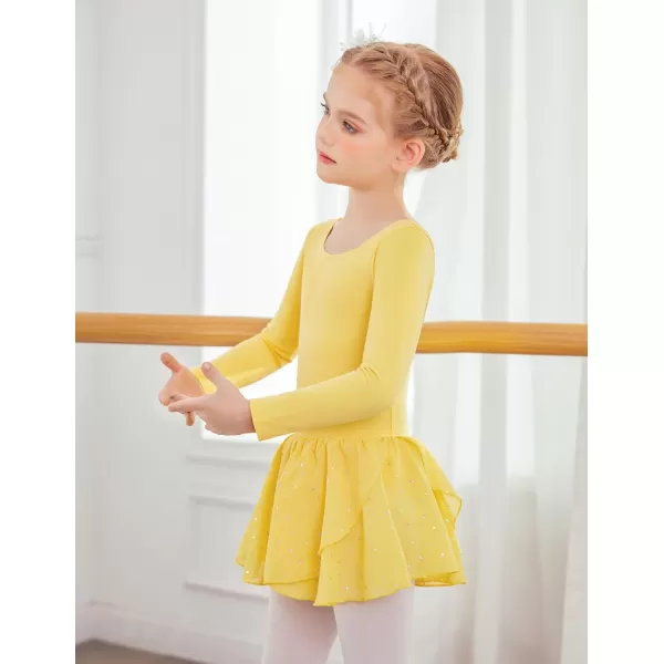 Zaclotre Girls Long Sleeve Dance Dress Glitter Ballet Skirted Leotard Ballerina OutfitYellow
