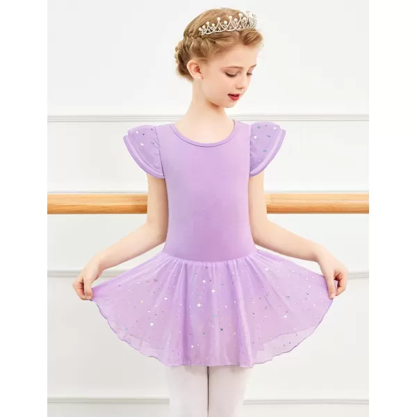 Zaclotre Girls Ruffle Sleeve Ballet Leotard with Skirt CrissCross Back Dance Dresses OutfitLilac