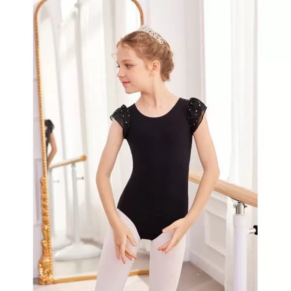Zaclotre Girls Ruffle Sleeve Ballet Leotards Toddler Mesh Dance Leotard Sparkly Gymnastics OutfitsHollow Backblack